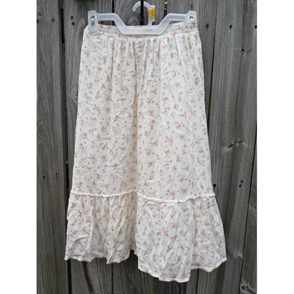 Cottagecore Coquette Floral Skirt Size 7/8 Pink Cream Ruffle Tiered Boho Midi